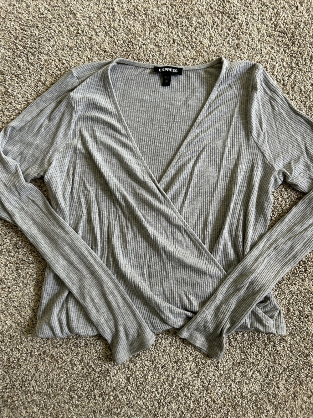 Express Light Gray Ribbed Surplice Long Sleeve Top